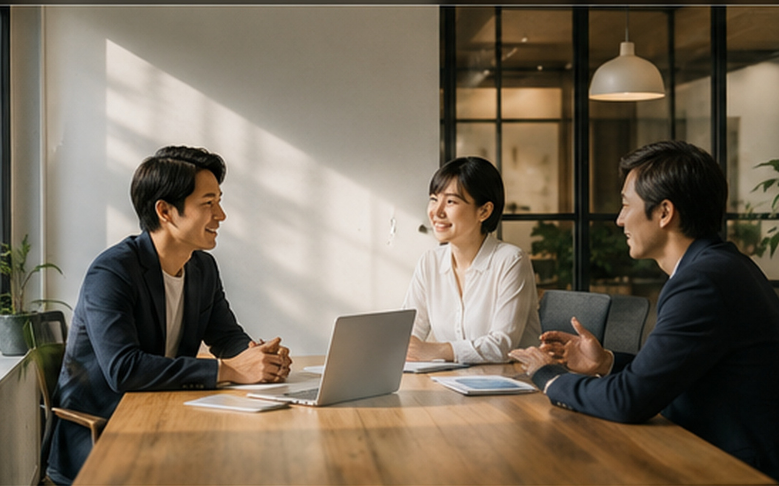 明るいオフィスで事業提携について話すビジネスパーソン