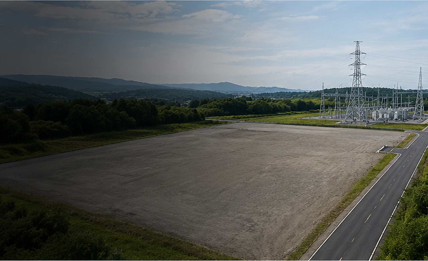 送電設備に近い平坦な系統用蓄電池候補地の俯瞰写真
