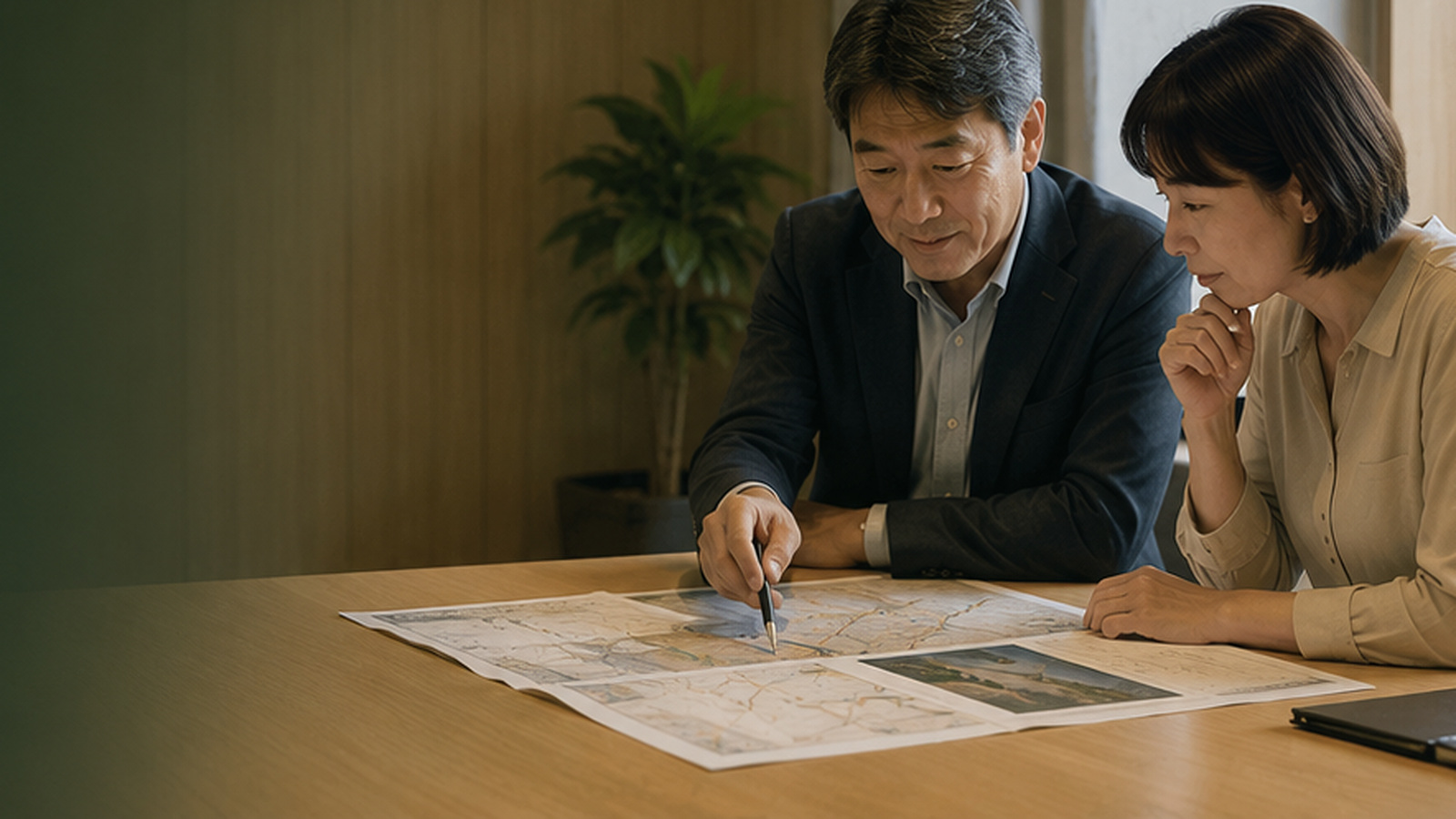 用地資料を広げて相談する地権者と担当者