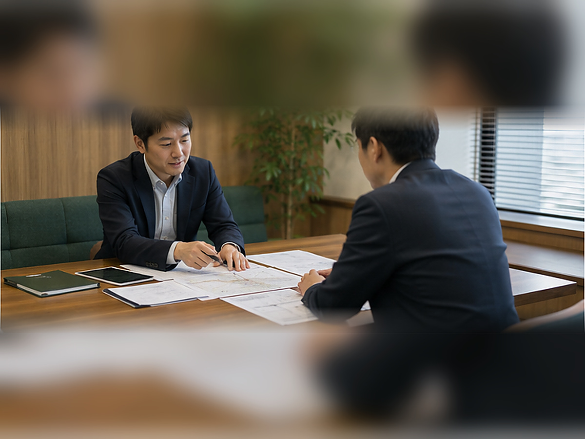 用地資料と回答書を確認しながら相談する事業担当者