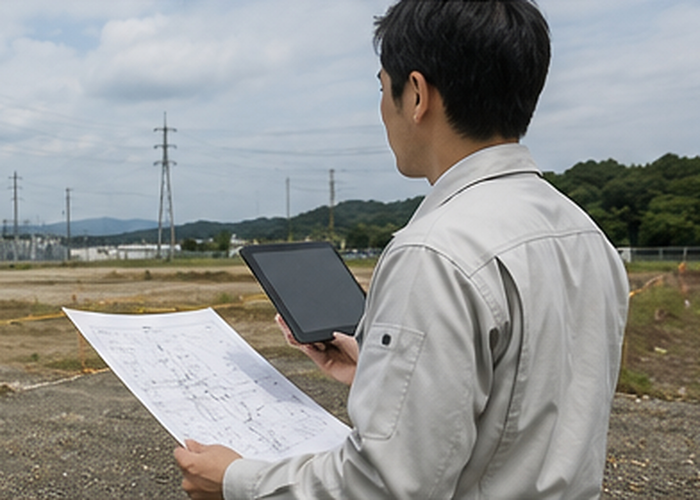 蓄電池候補地を図面とタブレットで確認する調査担当者