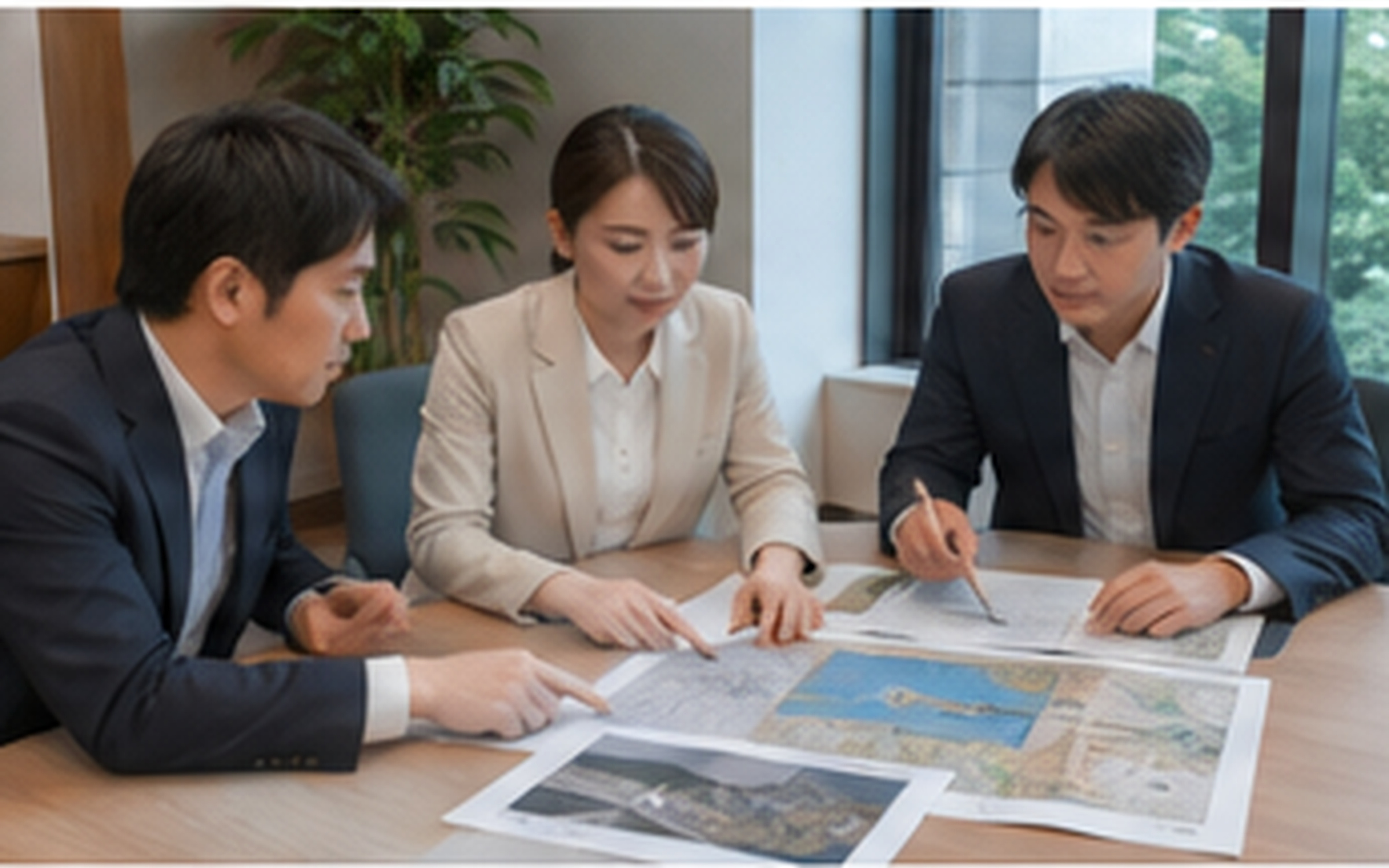 蓄電池用地の地図と資料を見ながら相談する事業担当者