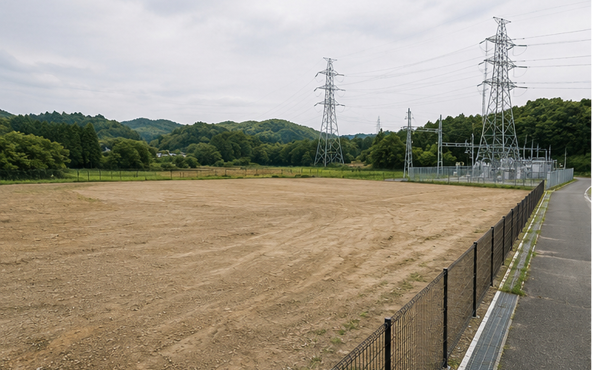 送電設備を望む平坦な蓄電池候補用地