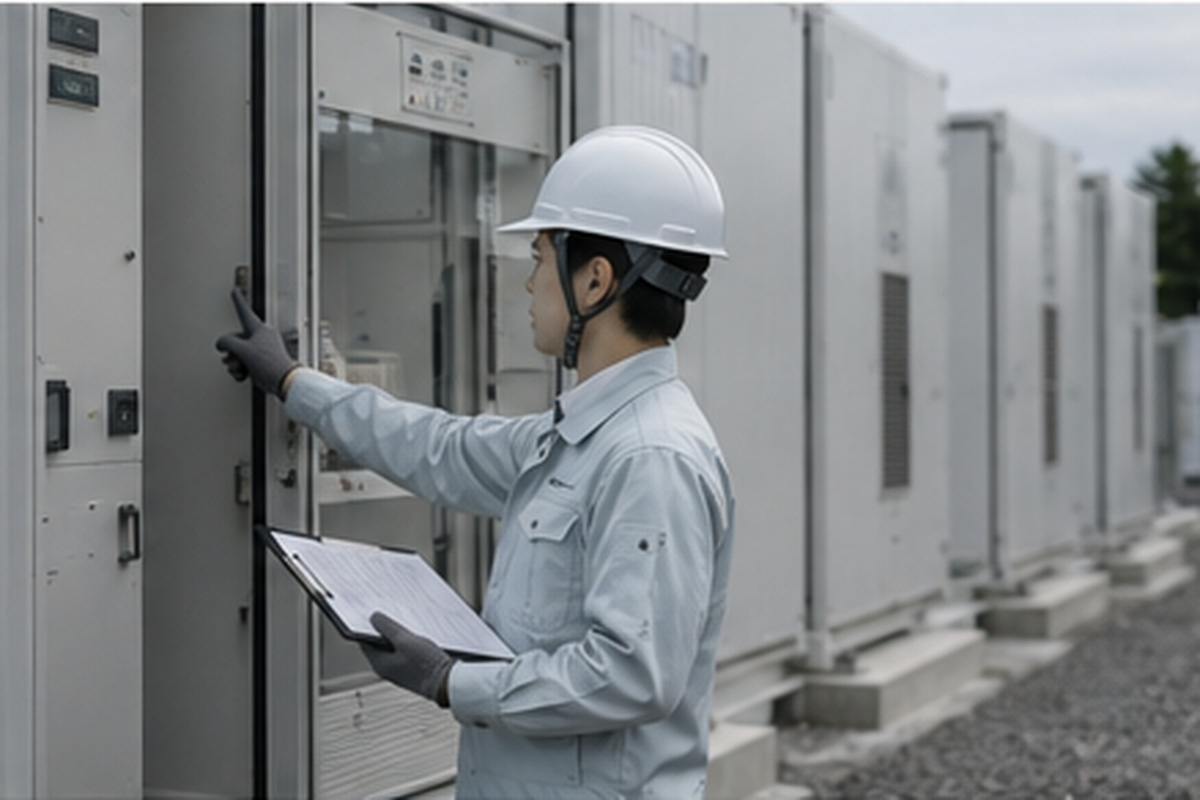 系統用蓄電池設備を点検する技術者