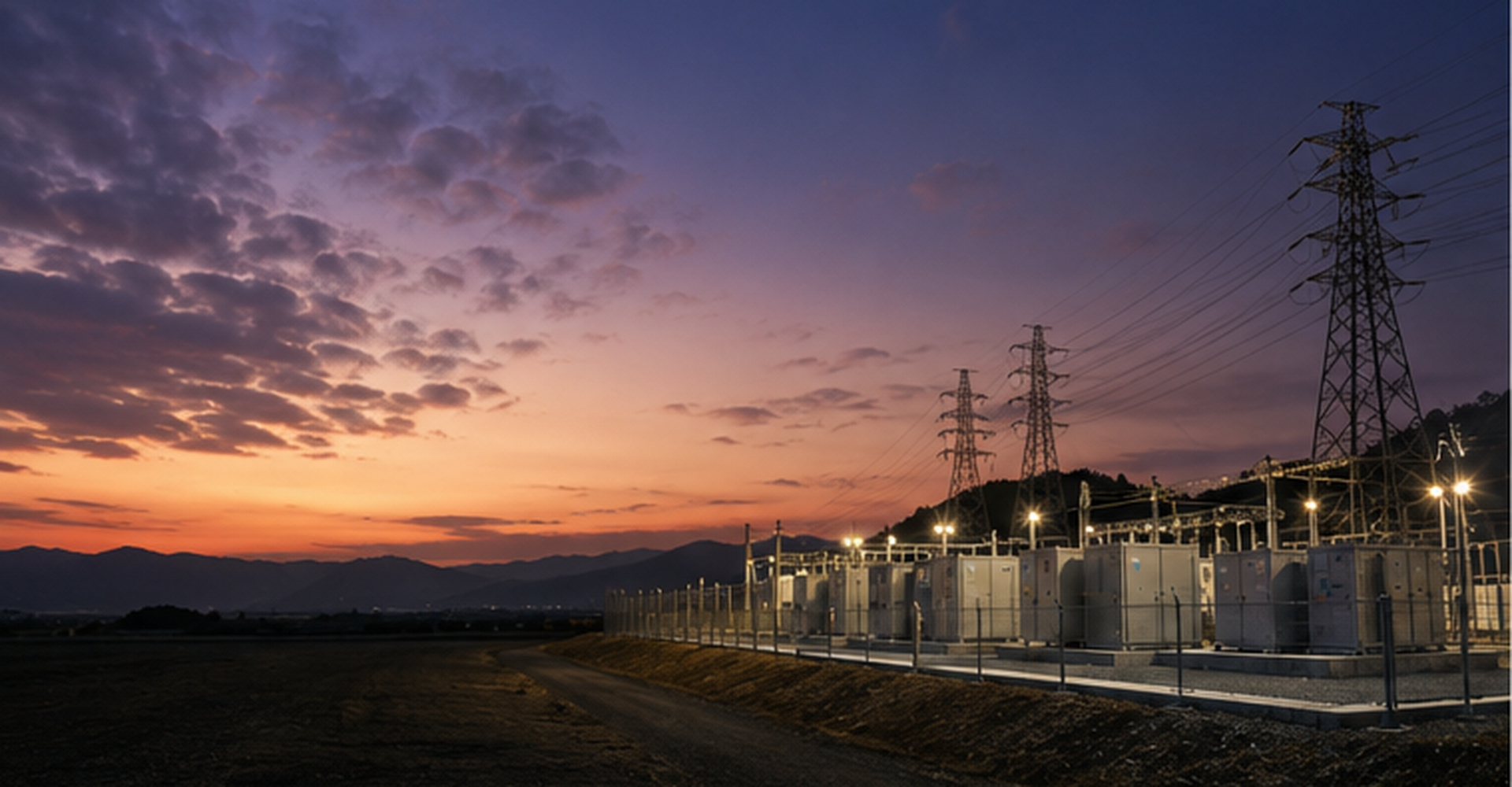 夕景の電力インフラと蓄電設備のイメージ
