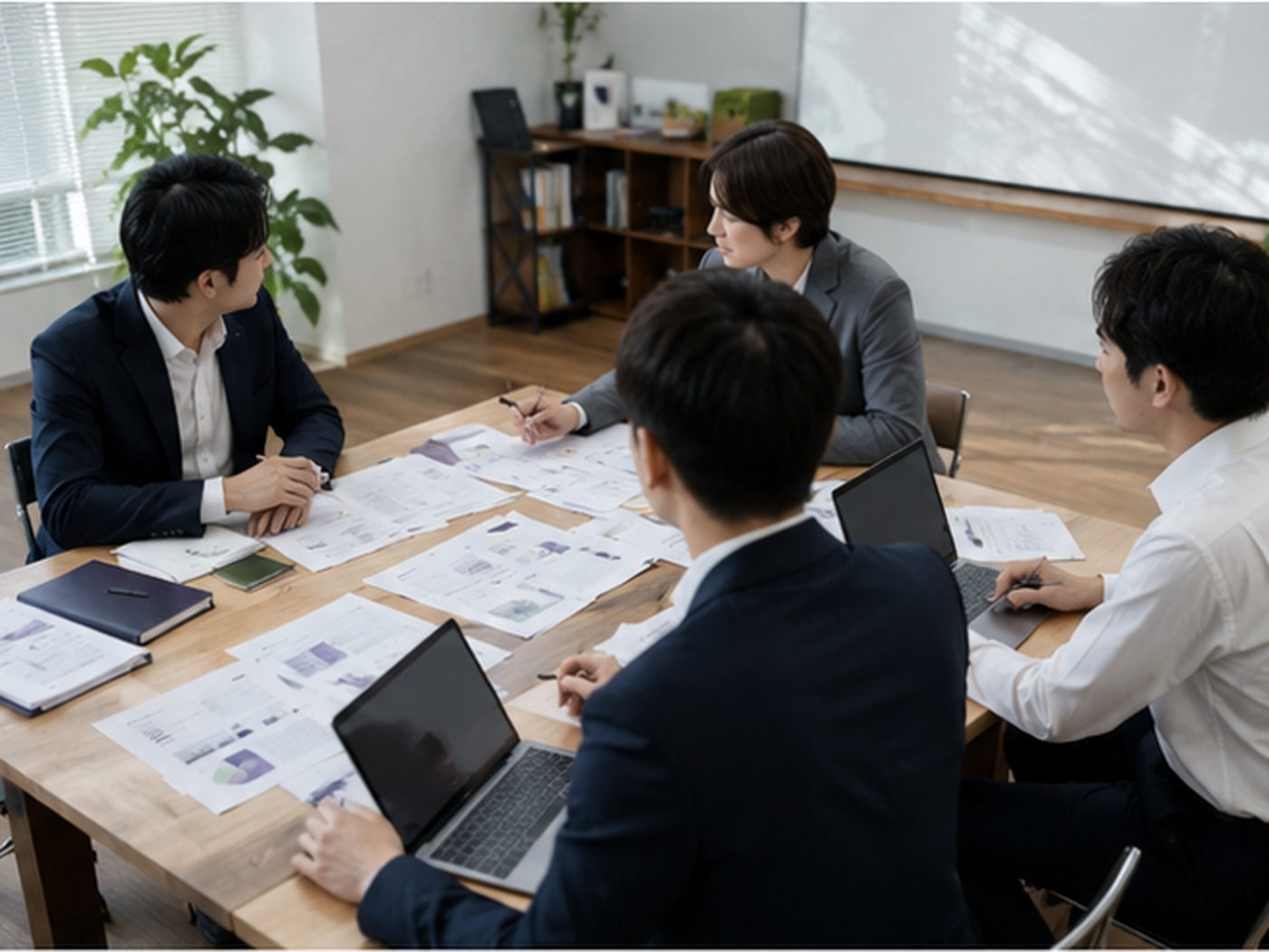 電力分野の資料を囲んで内容を確認する編集会議のイメージ