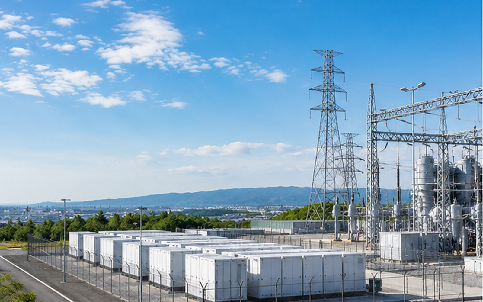 変電所と送電設備、蓄電池ヤードを望む電力インフラのイメージ