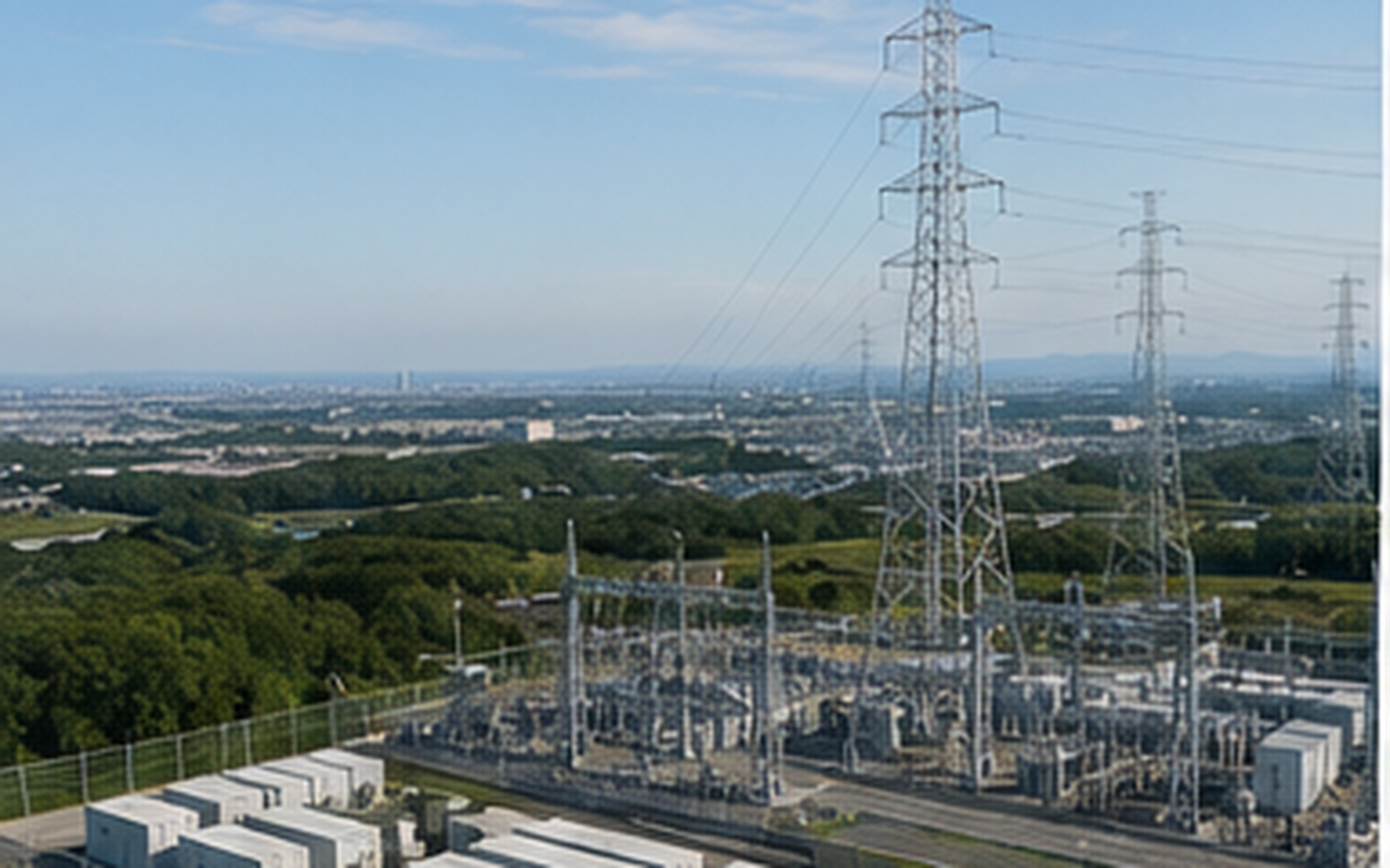 変電所、送電鉄塔、系統用蓄電池設備を見渡す電力インフラ
