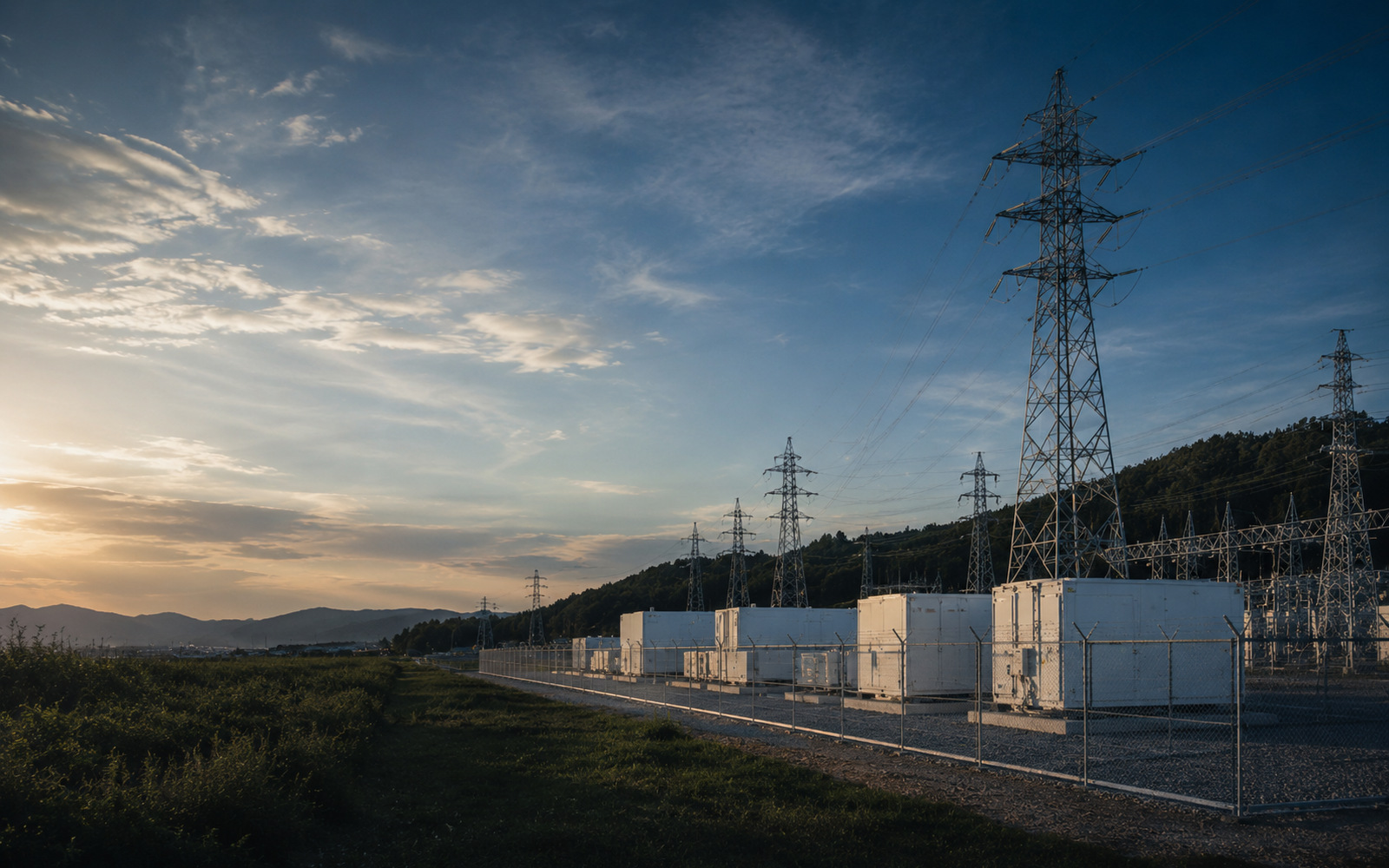 送電設備と系統用蓄電池ヤードを見渡す電力インフラ