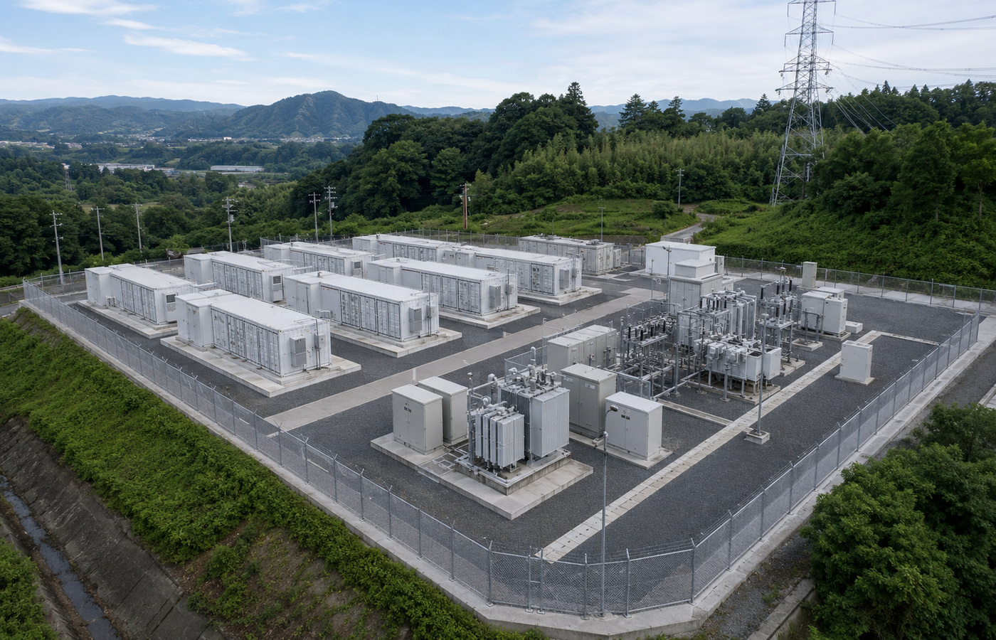 高圧系統用蓄電池設備と送電インフラを俯瞰するイメージ