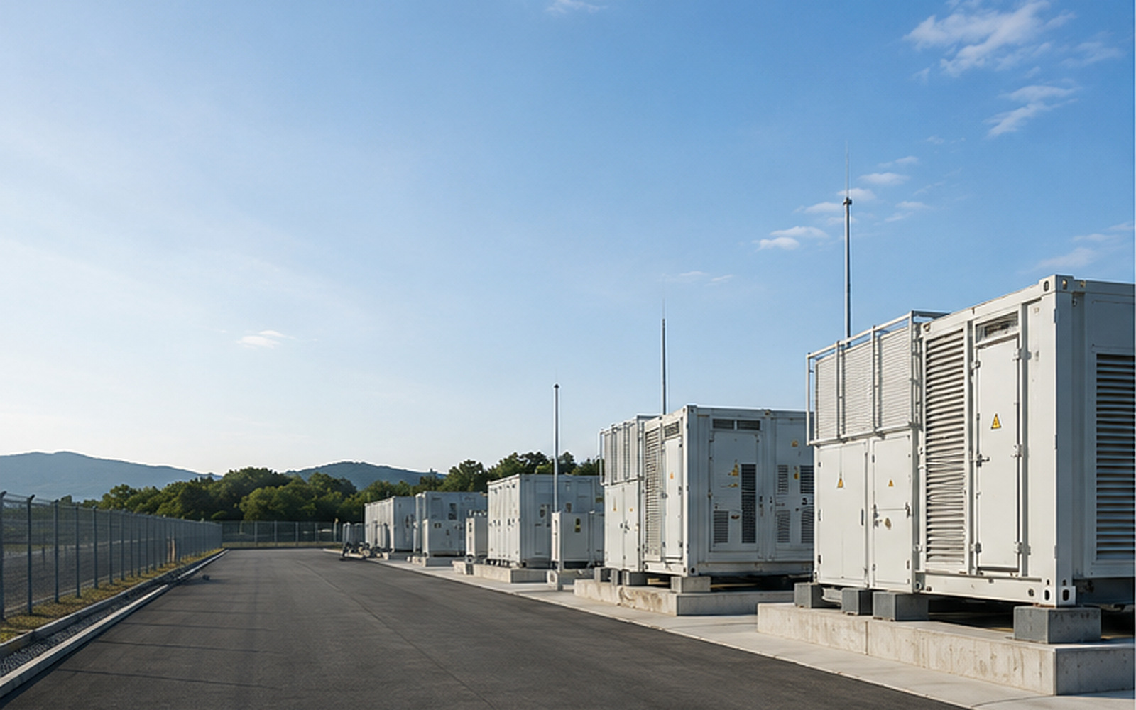 高圧系統用蓄電池のコンテナと受変電設備が並ぶ設備ヤード