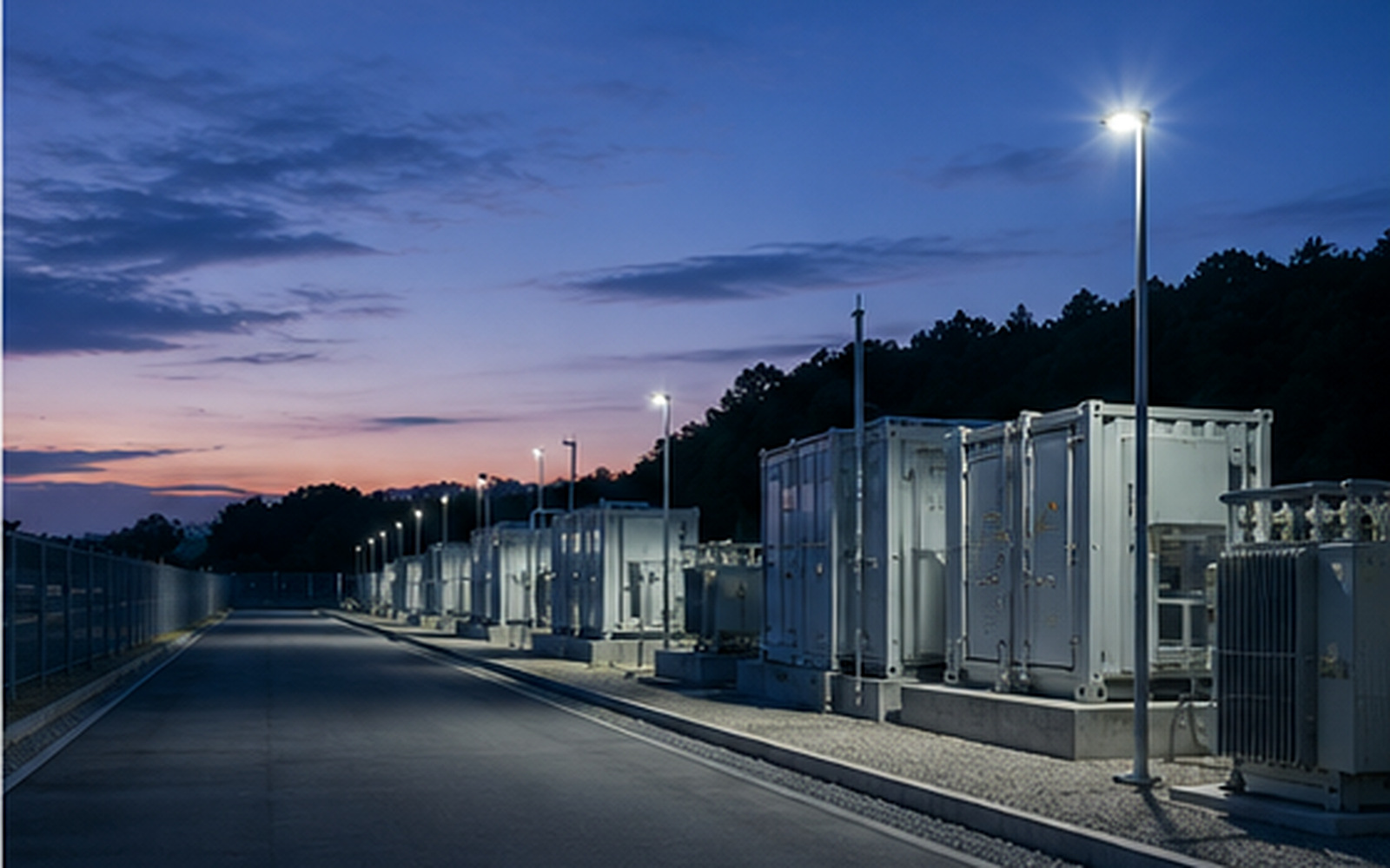 夕景の高圧系統用蓄電池ヤードと管理通路