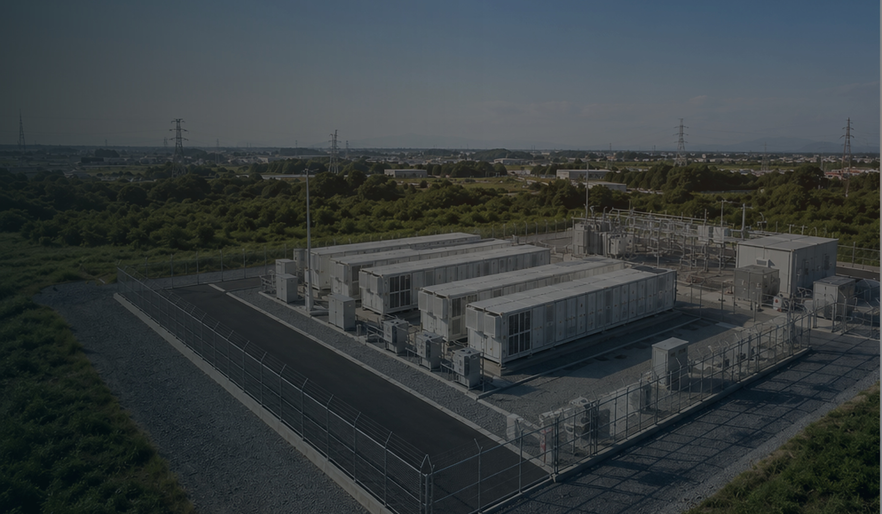 夕景の高圧系統用蓄電池ヤードと管理通路のイメージ