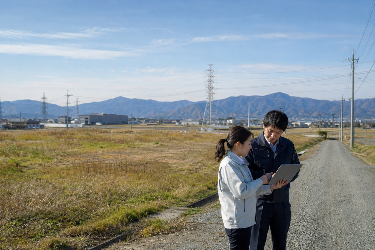 蓄電池用地の売却・預かり査定で現地条件を確認する様子の写真