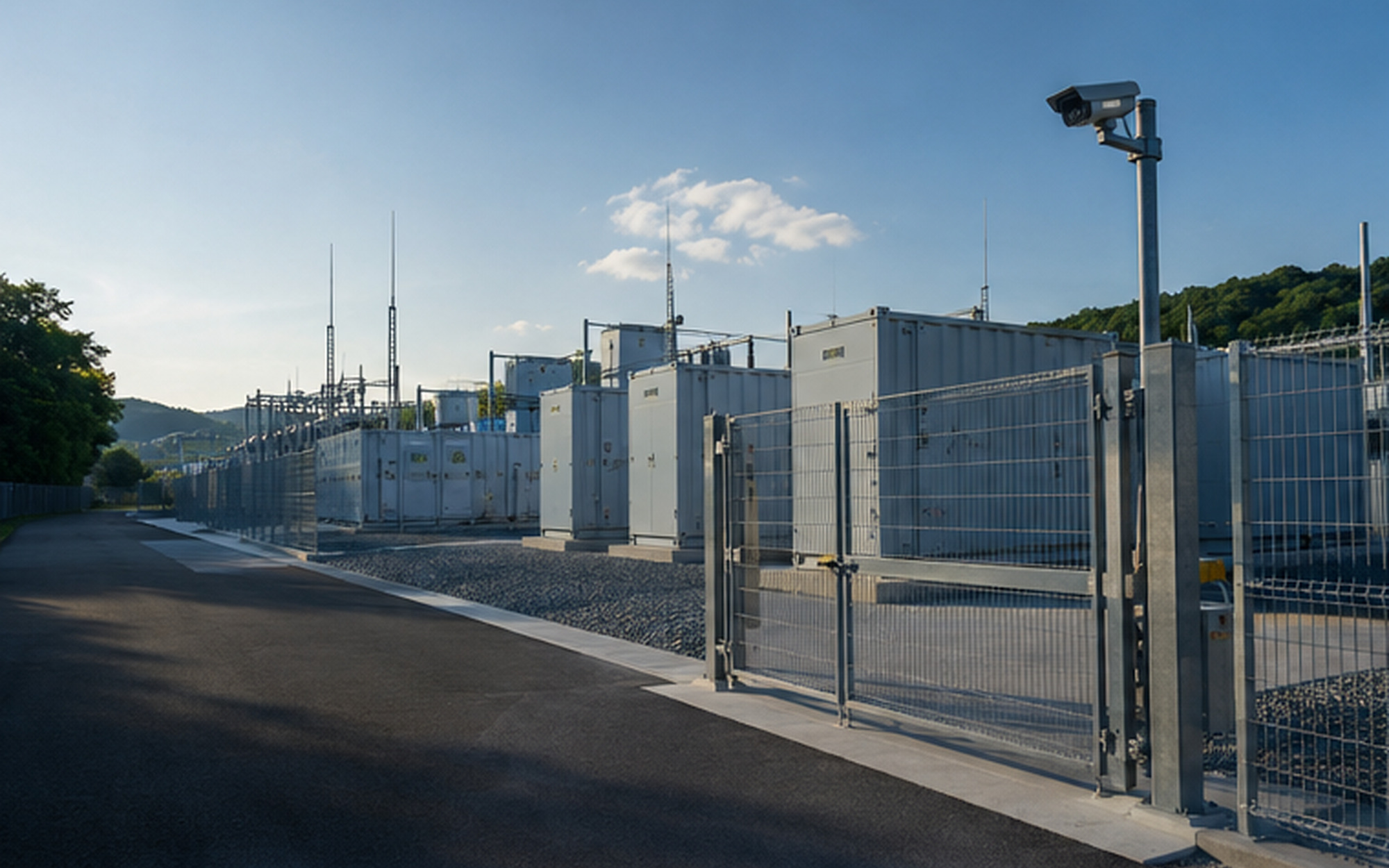 フェンスと監視設備で管理された高圧系統用蓄電池ヤードのイメージ