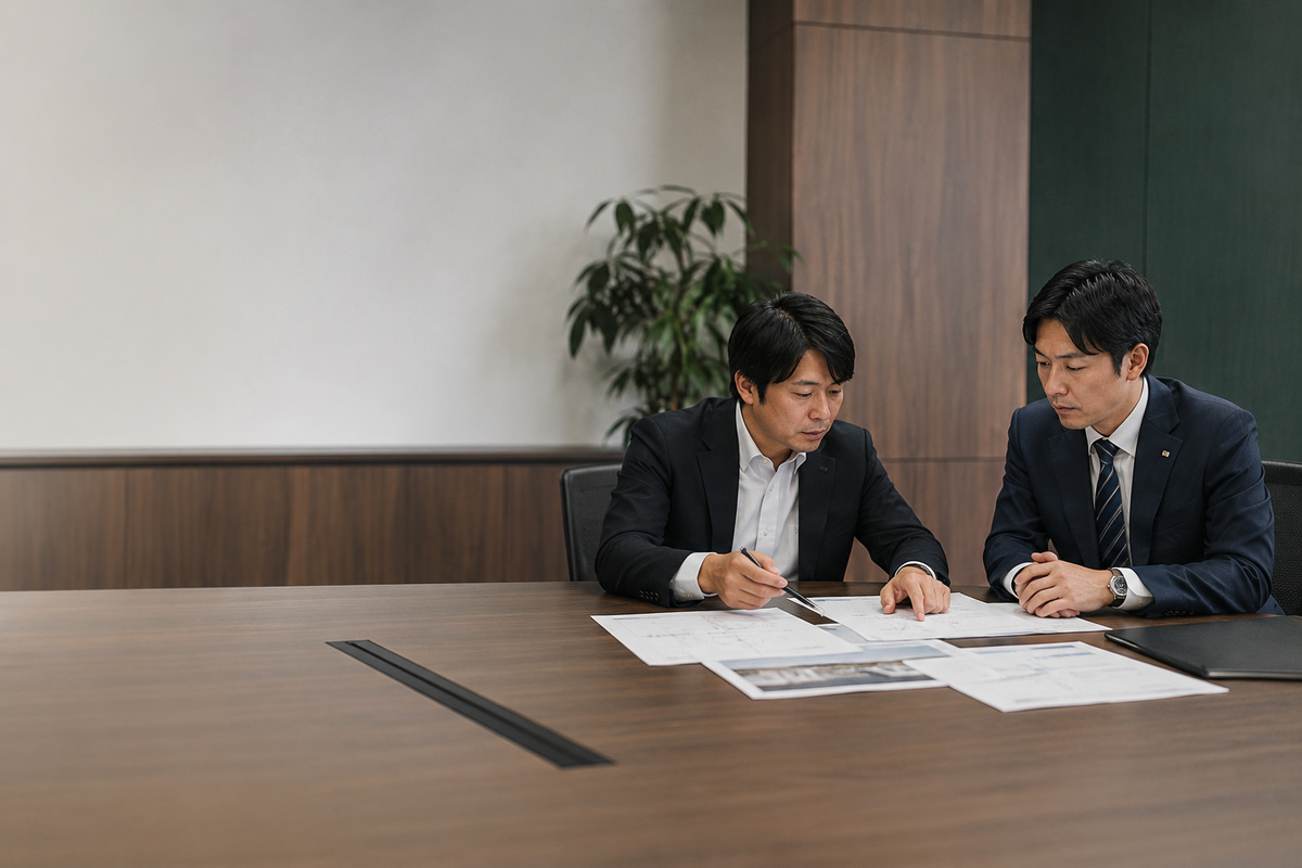 法人担当者と技術担当者が保守条件を確認する打ち合わせのイメージ
