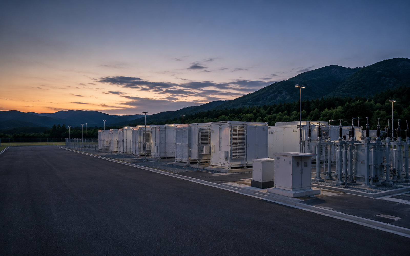夕景の高圧蓄電池ヤードと管理通路のイメージ