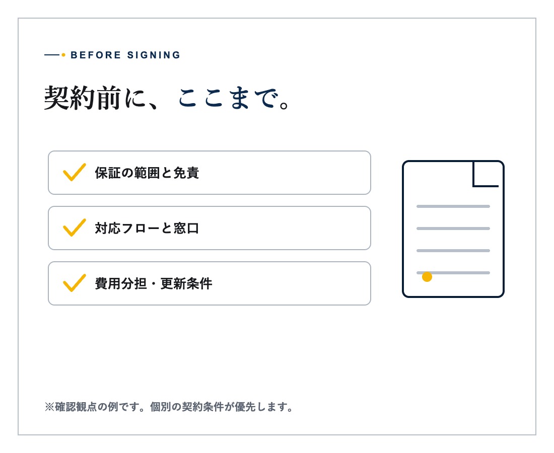 設備図面と契約条件を確認する技術担当者のイメージ