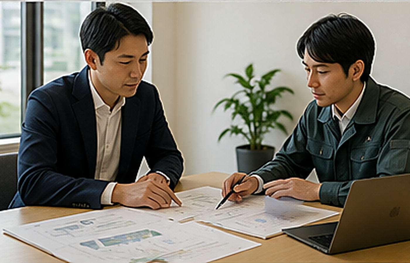 低圧系統用蓄電池の投資計画について資料を確認する相談風景