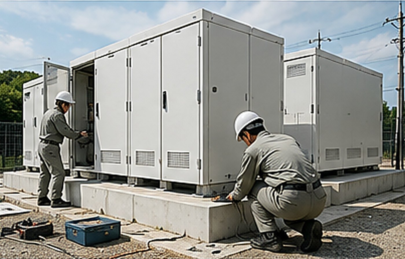 低圧系統用蓄電池設備の設置工事を行う現場