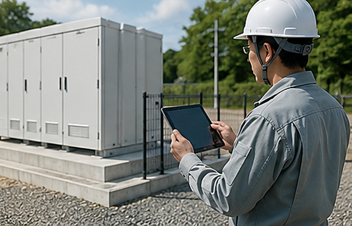 稼働後の低圧系統用蓄電池設備を確認する保守担当者
