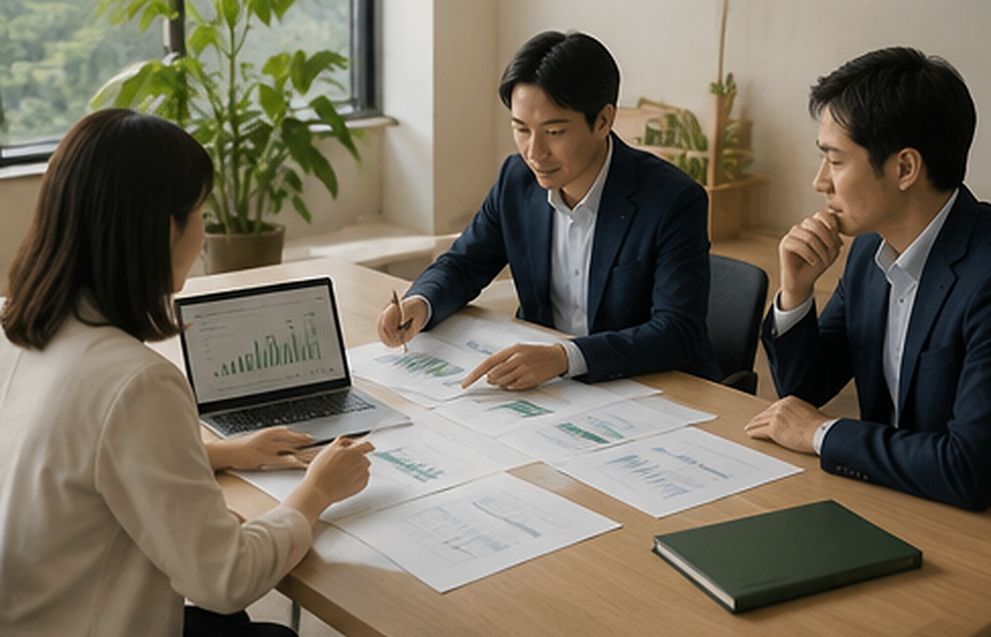 投資家と担当者が収益試算資料を確認している相談場面