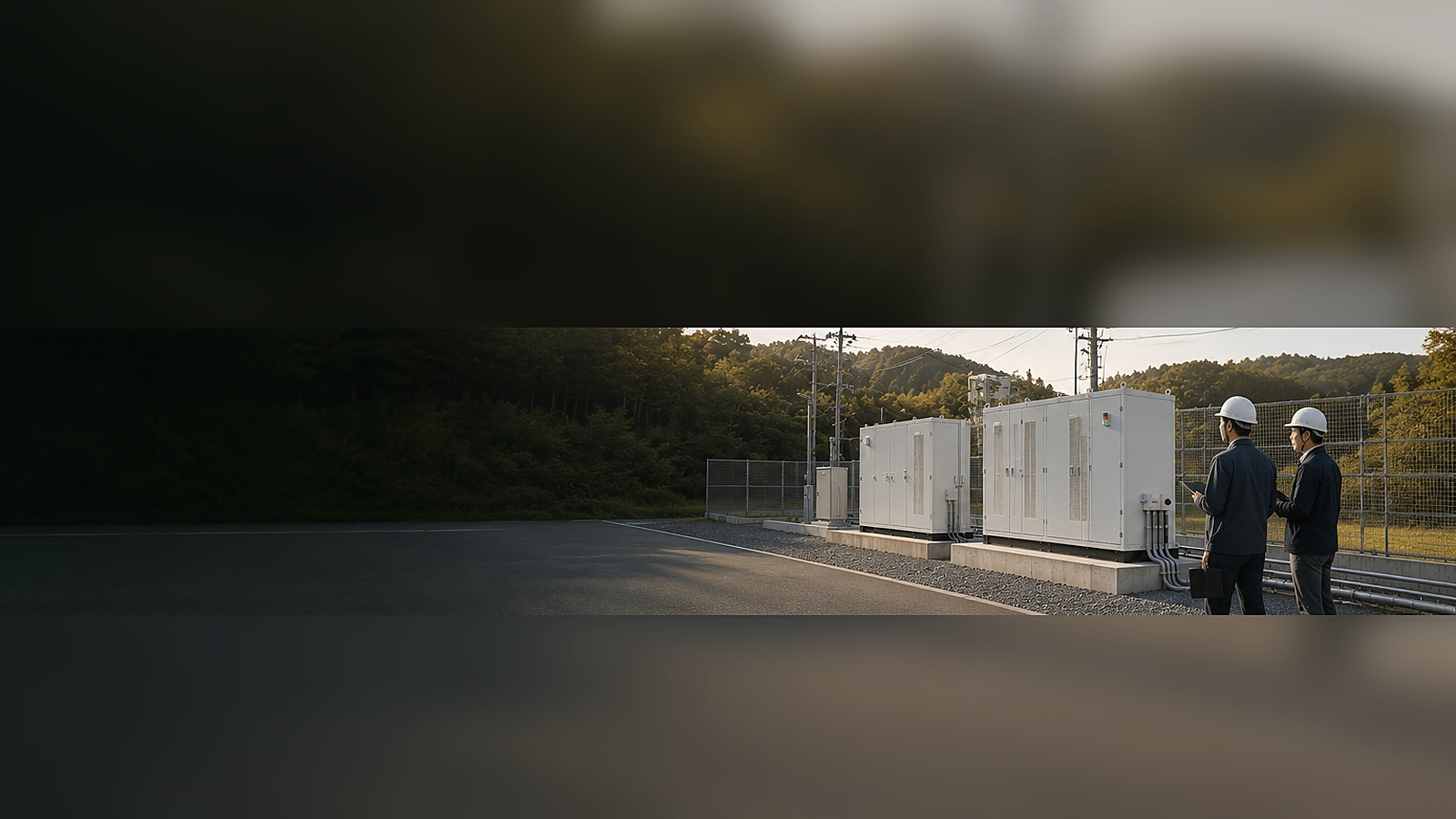 明るい時間帯の蓄電池設備と現地確認の風景