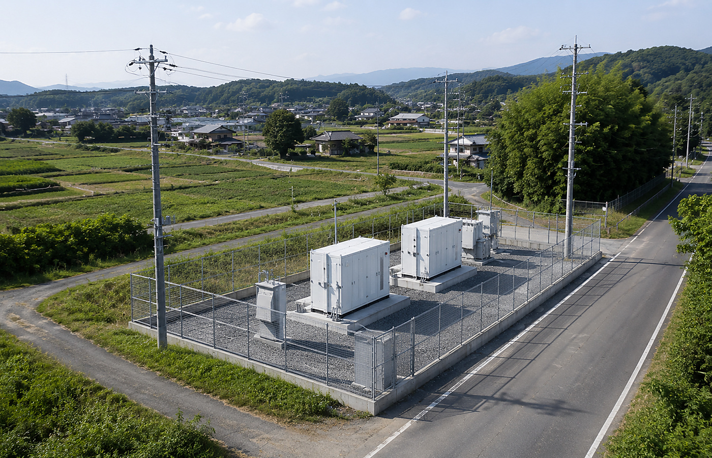 送電線と低圧系統用蓄電池設備を俯瞰した風景