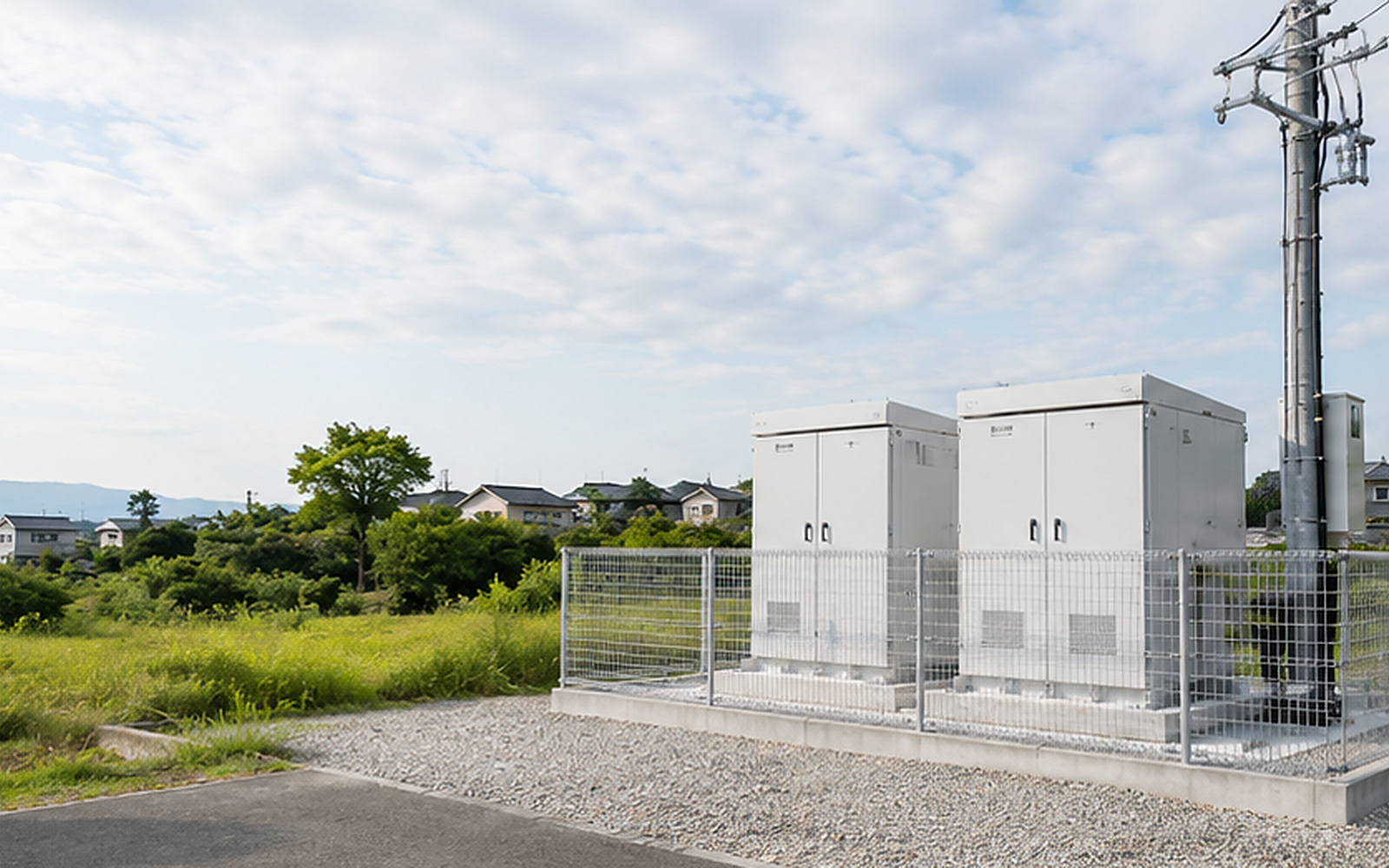 日本の郊外に設置された白い低圧蓄電池設備
