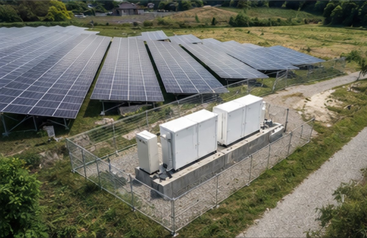 太陽光発電設備と低圧蓄電池の設置候補地を俯瞰した日本の郊外