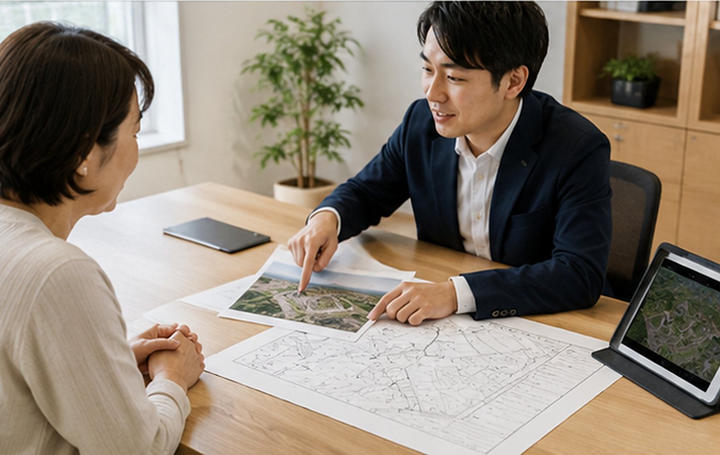土地オーナーと担当者が低圧系統用蓄電池の条件を確認する相談のイメージ