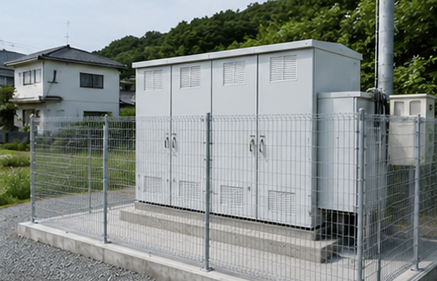 フェンス内に設置された白い低圧系統用蓄電池設備の安全対策イメージ
