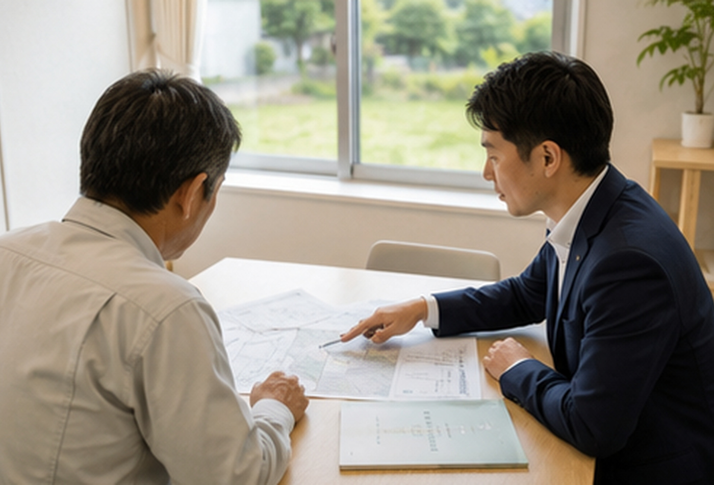 土地資料を確認しながら相談する土地オーナーと担当者