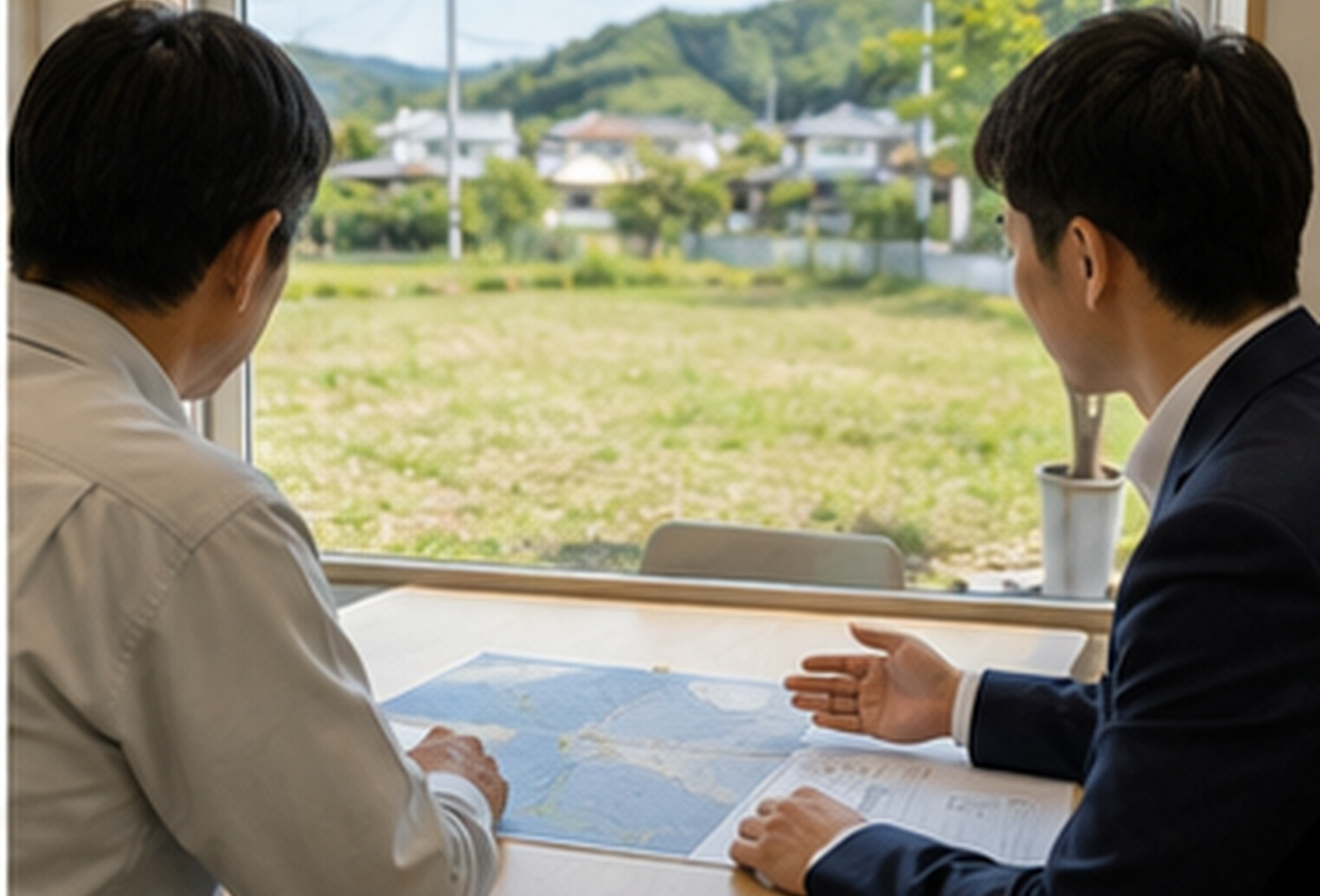 設置候補地を見ながら担当者へ相談する土地オーナー