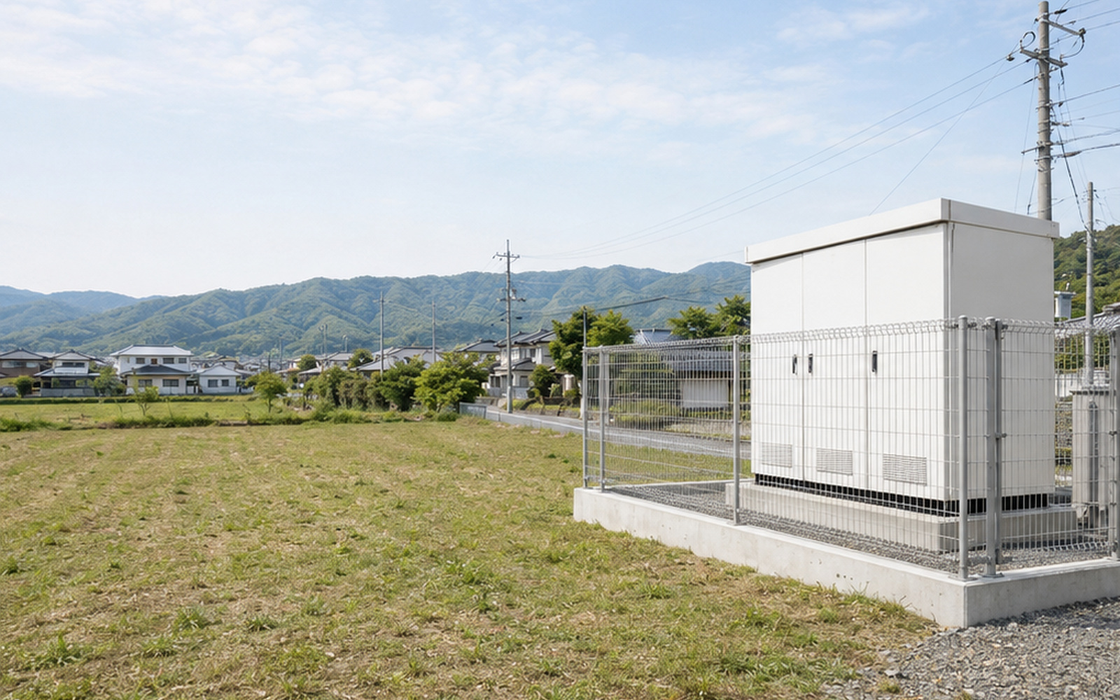 日本の郊外で低圧蓄電池設備の設置候補地を確認する様子