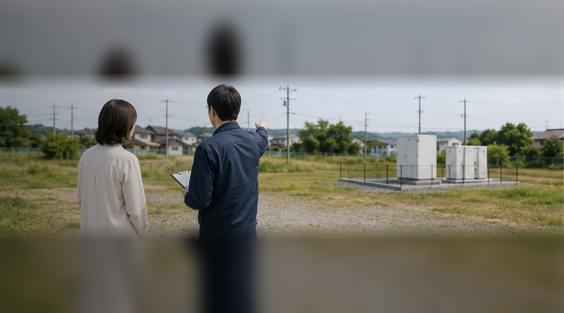 土地オーナーと担当者が現地を確認するイメージ