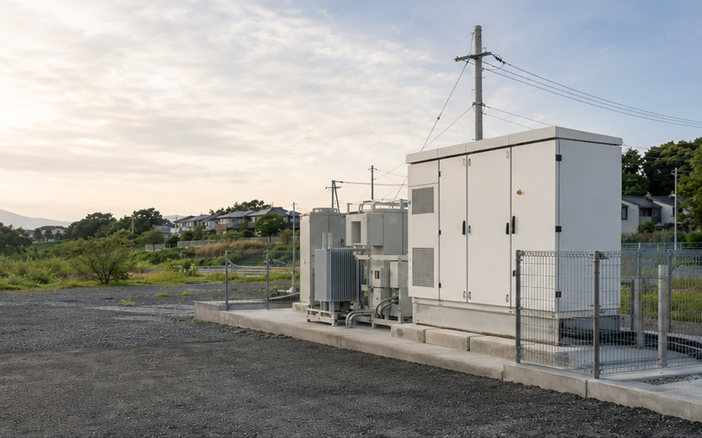 日本の郊外用地に設置された低圧蓄電池と周辺環境