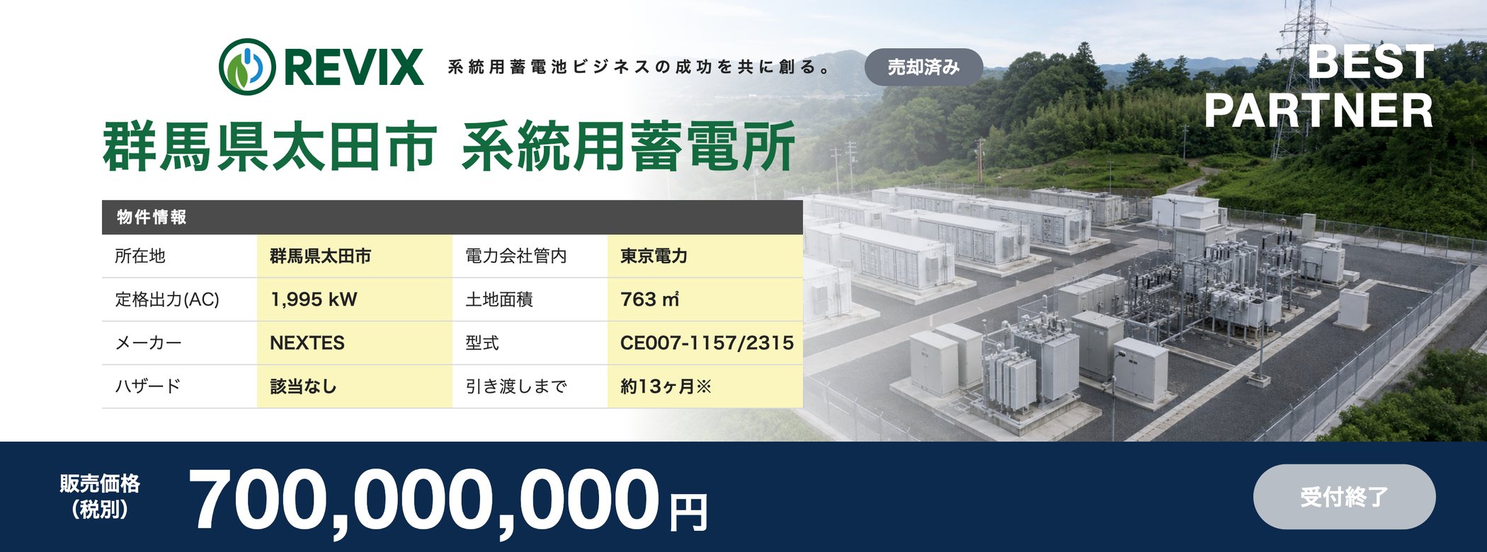 「群馬県太田市 系統用蓄電所」売却済み：定格出力1,995kW・土地面積763㎡・東京電力管内・販売価格7億円（税別）の物件情報バナー。お問い合わせはこちら