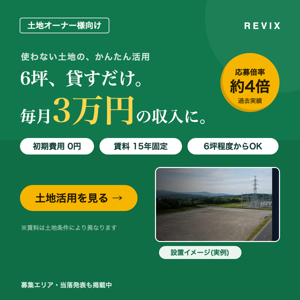 「6坪、貸すだけ。毎月3万円の収入に。」土地オーナー向け低圧蓄電池用地の賃料収入と応募倍率約4倍を示すサムネイル